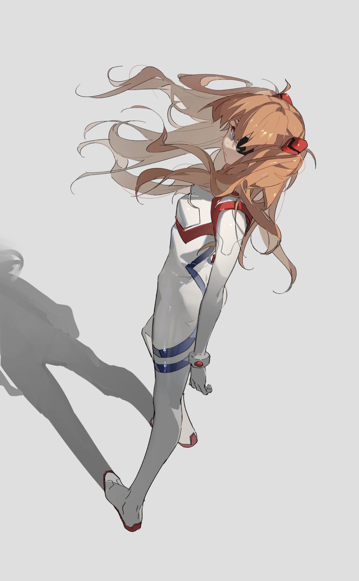 animestyle illustration of asuka langley soryu from neon genesis evangelion. she is wearing her white eva pilot suit with red and blue accents. her long, flowing orangeblonde hair is adorned with red ribbons. she is barefoot and a dark gray shadow of her is cast on the pale gray background.