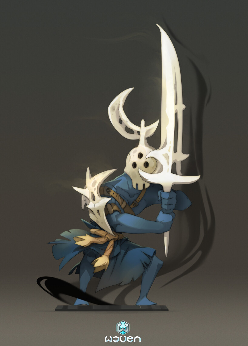 this is a digital illustration of a fantasy warrior character. it is drawn in a cartoon style.  the character has a blue cloak and appears to be wearing a skull helmet, and holding a sword.  the character is standing with one hand on the sword, and the other hand is reaching out, almost as if they are about to strike.  the background is a dark grey.