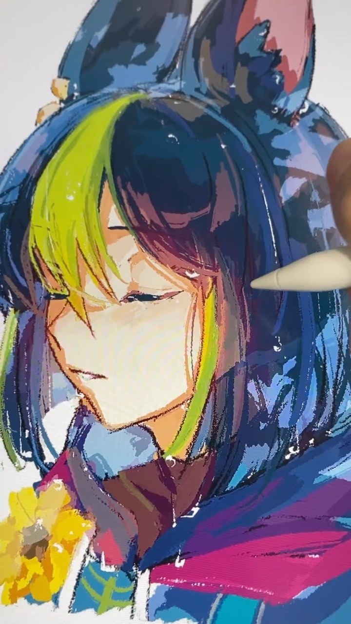 he image shows a digital painting in progress of a stylized animestyle girl with vibrant, colorful hair and clothing.  she's depicted from the shoulders up, wearing a hoodie with large animal ears. the artist's hand and a stylus are visible, indicating the artwork is being created digitally.  the color palette is incredibly rich and expressive, employing bold strokes and blends.  a partially painted sunflower is visible near her shoulder. the style leans towards abstract expressionism, focusing on creating mood and texture with color rather than strict realism.  the painting is still underway, and parts are incomplete, allowing the viewer to see the artistic process.