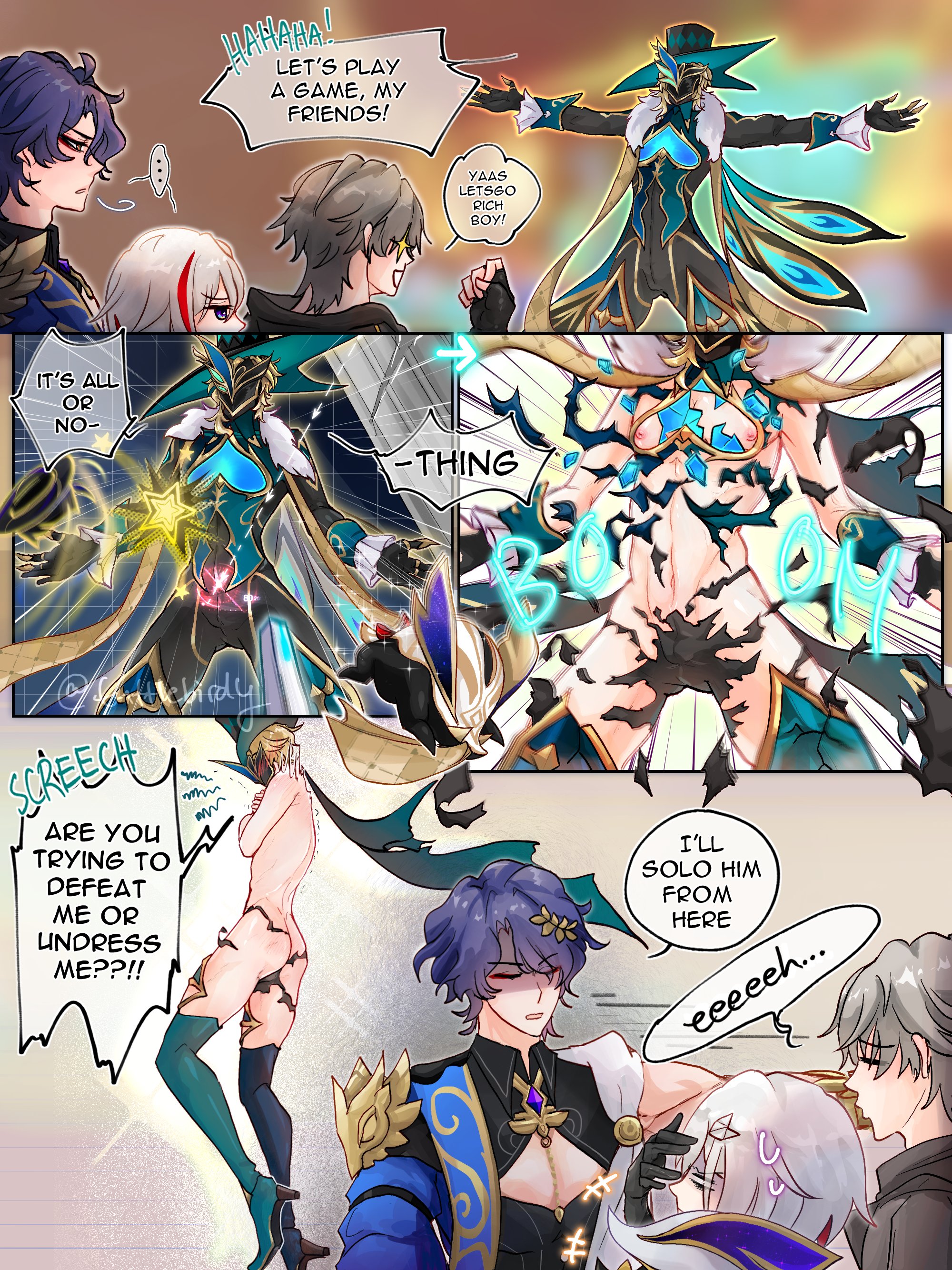 he image is a vibrant and dynamic comicstyle illustration, possibly fanart, depicting a group of animestyle characters engaged in a playful yet intense game. the art style is detailed, with expressive characters and a colorful, actionpacked scene. the narrative unfolds through a series of panels, showing a sequence of events where one character challenges others, seemingly to a game of stripping, implied by the dialogue and actions. the characters have distinct designs, with elaborate clothing and unique appearances. the overall mood is energetic and exciting, with a mix of humor and tension. the art is polished and wellcomposed, suggesting a professional level of skill.
