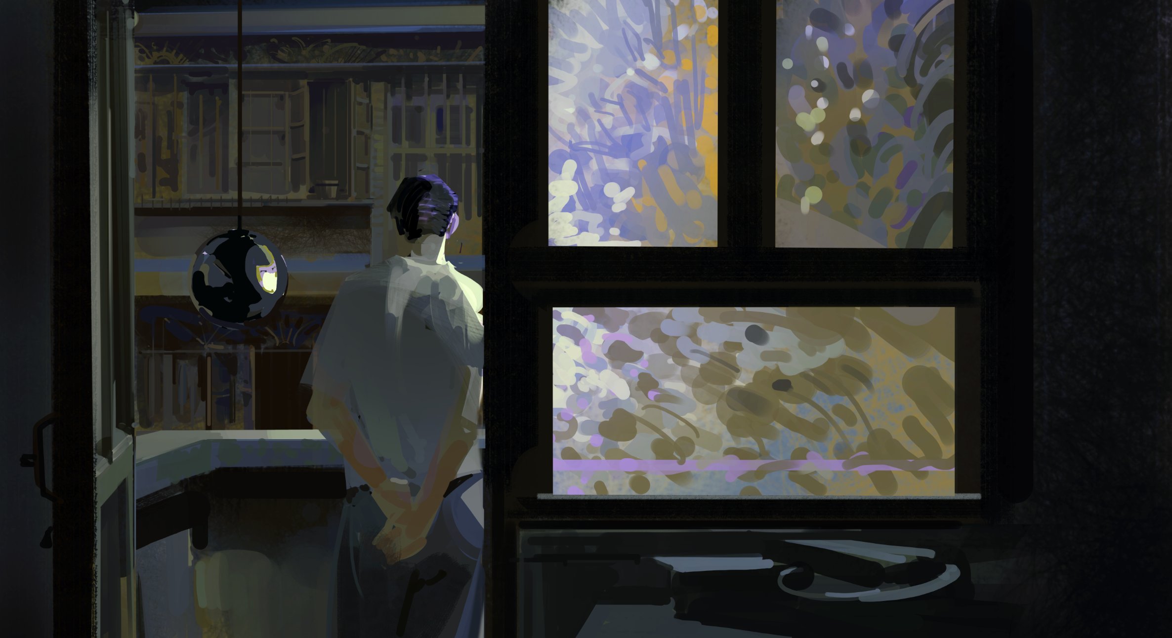 a man stands by a window, looking out into the night. the room is dark, with only a single light fixture casting a soft glow. the man is wearing a white shirt, and he looks sad. the window is open, and the city lights are visible in the distance.  the scene is peaceful and contemplative.