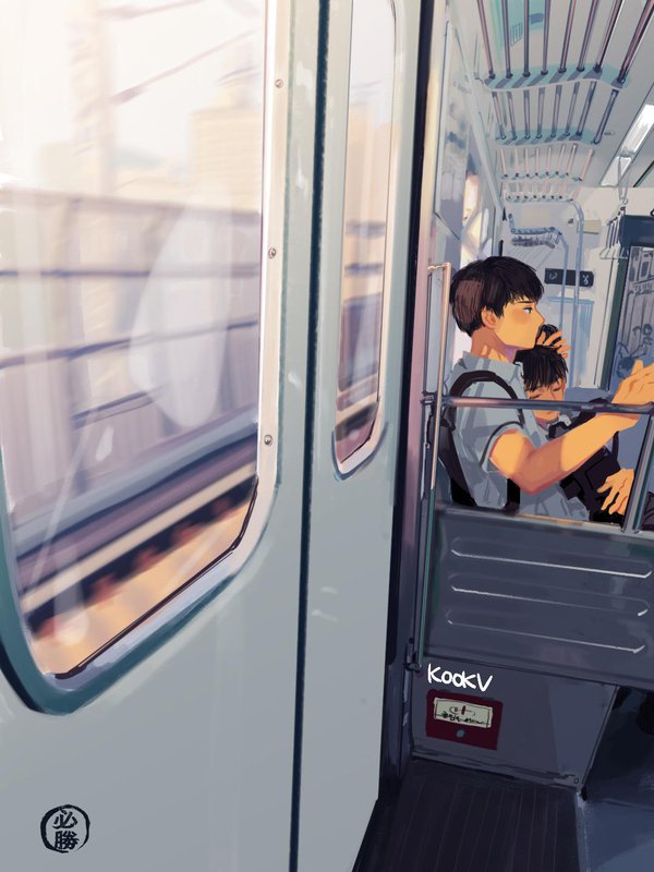 the image captures a tender moment between a man and a boy, presumably father and son, riding a train. bathed in warm sunlight streaming through the windows, they sit closely, the boy nestled against the man's chest.  the reflection in the window suggests a bustling city passing by, creating a contrast between the peaceful intimacy inside the train car and the outside world. the artist's use of light and shadow emphasizes the connection between the two figures, highlighting the warmth and affection of their embrace.