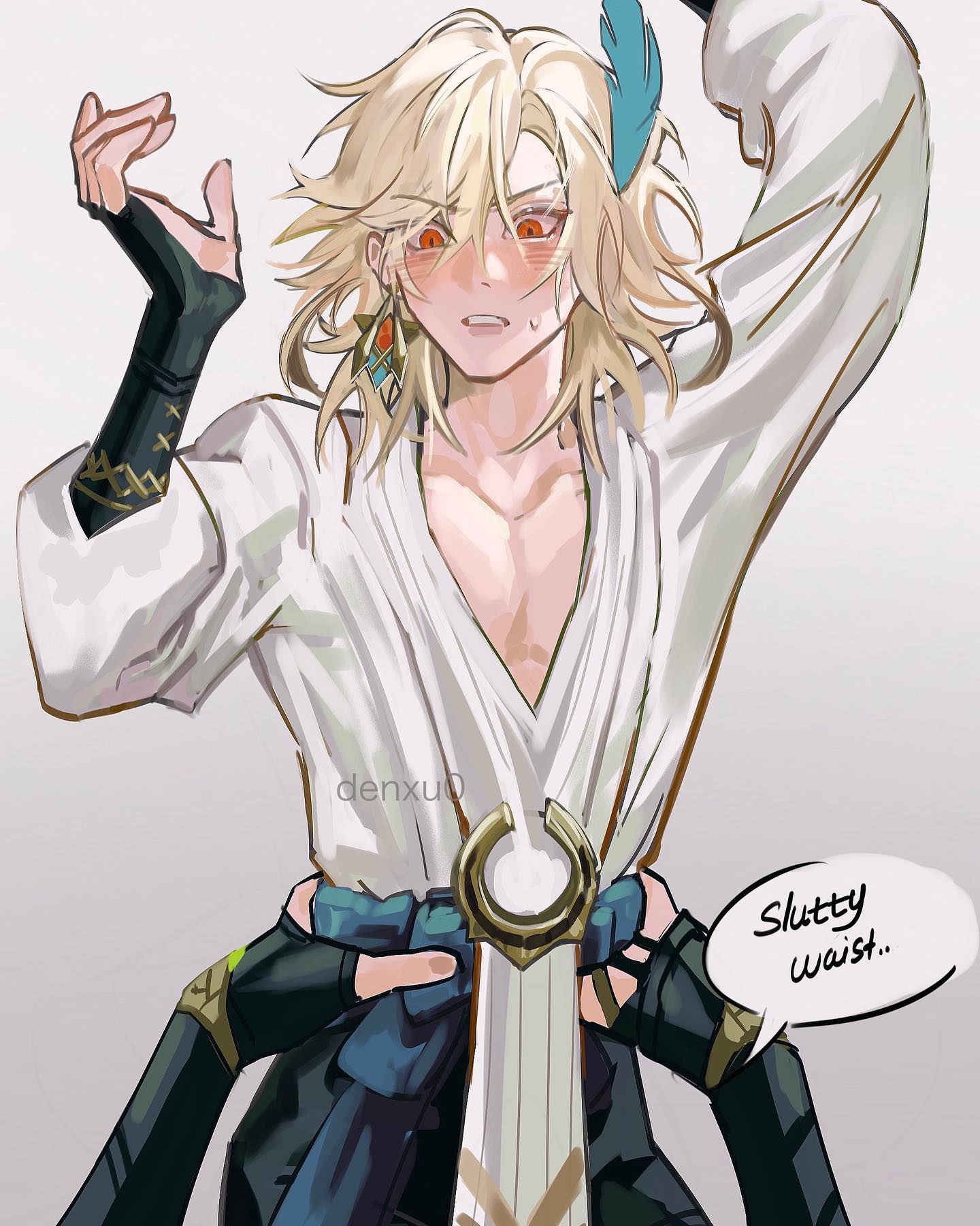the image is fanart depicting aether from genshin impact. he's depicted with blushing cheeks and a slightly suggestive pose, with his waist being emphasized.  another character, possibly lumine (his twin sister), is shown subtly tying his belt. a speech bubble near aether's waist says "slutty waist...". the art style is reminiscent of anime and manga, with soft shading and vibrant colors. the overall tone is flirtatious and playful, though potentially bordering on nsfw depending on interpretation.
