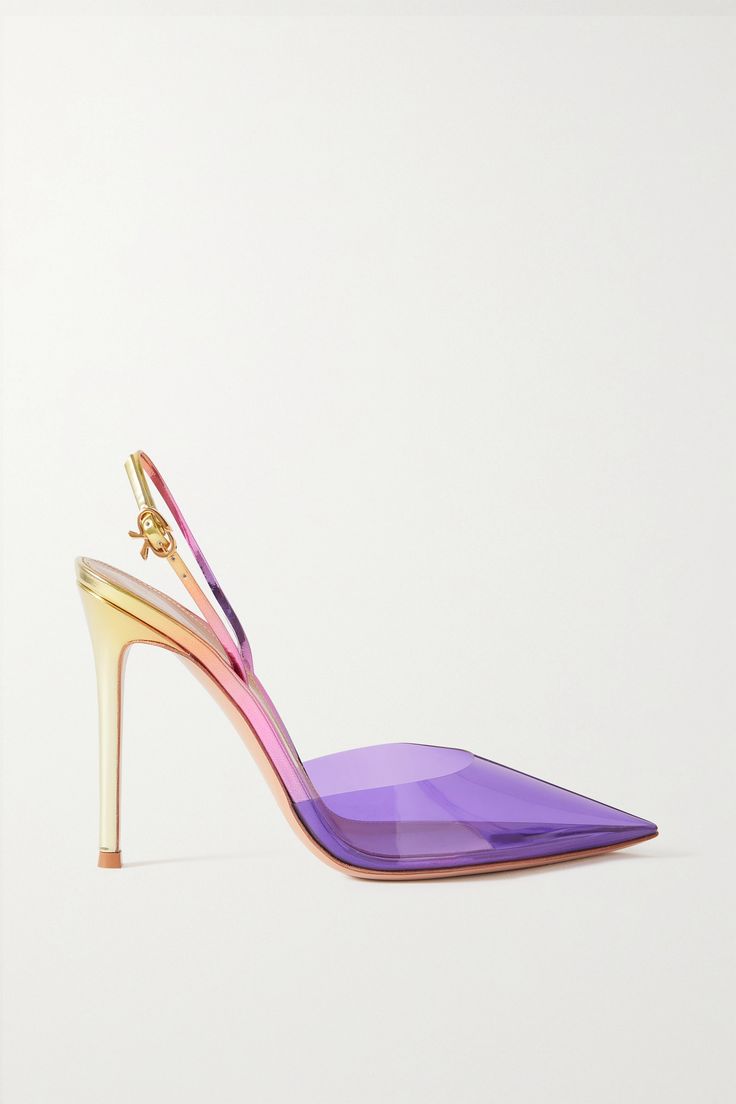 the image showcases a pair of women's designer high heels. the shoes are slingbacks with a transparent upper that features an ombre effect transitioning from pink to purple. the heels are stiletto, and the sole appears to be a nude or light pink color. the shoes are positioned on a white background, highlighting the delicate design and color gradation. the overall aesthetic is elegant and sophisticated, reflecting a highfashion style suitable for evening wear or special occasions.