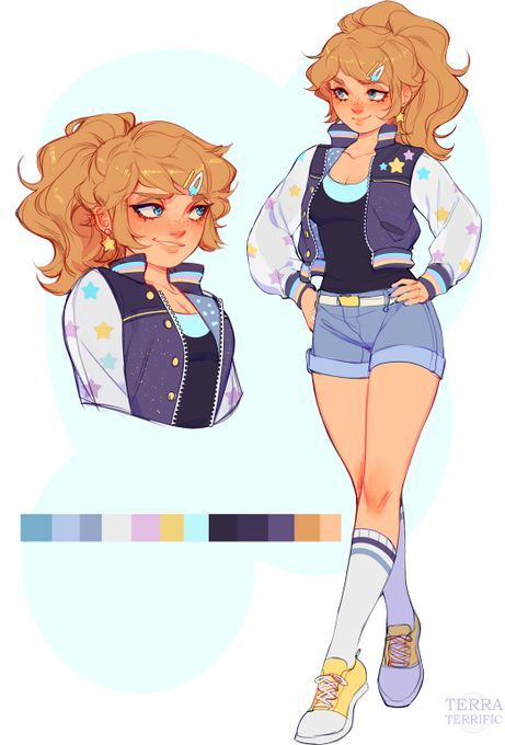 this image is a digital illustration of a young anime girl. she has long blonde hair tied up in a ponytail and is wearing a blue and white varsity jacket with stars on it, a black tank top, blue denim shorts, and white socks with blue stripes. she's also wearing yellow and purple sneakers. the image includes a color palette of the colors used in the illustration.