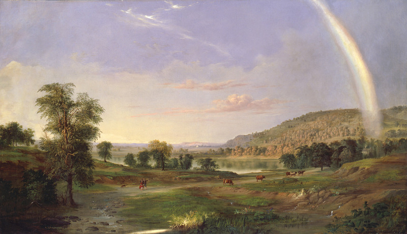 the image is a serene 19thcentury landscape painting, reminiscent of the hudson river school style. it depicts an idyllic scene with a lush green meadow, trees, and a calm river reflecting the sky. a vibrant rainbow stretches across the sky, touching down on a distant hill. cows graze peacefully in the field, and a man with a dog walks along a path. the sky is filled with soft clouds, and sunlight bathes the entire scene in a warm, inviting glow. the overall impression is one of tranquility and harmony with nature.