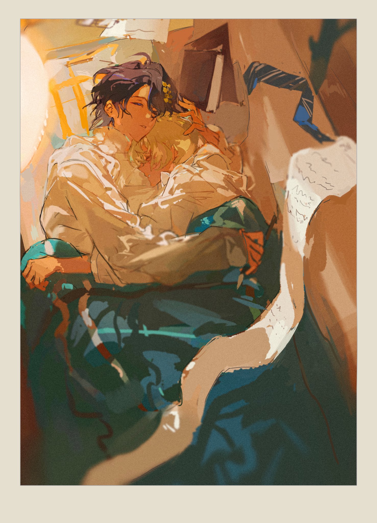 the image is a digital painting or illustration in a painterly style. it depicts two animestyle young men, one with dark hair and the other with blonde hair, cuddling intimately while resting on a sofa or bed.  they appear to be asleep or taking a nap. the darkhaired boy has his arm around the blonde, holding him close. the color palette is warm, with soft lighting creating a cozy atmosphere.  the background suggests an indoor setting with books and papers nearby, adding a sense of relaxation and casual intimacy.  the overall style is evocative and romantic, emphasizing the affection between the two figures.