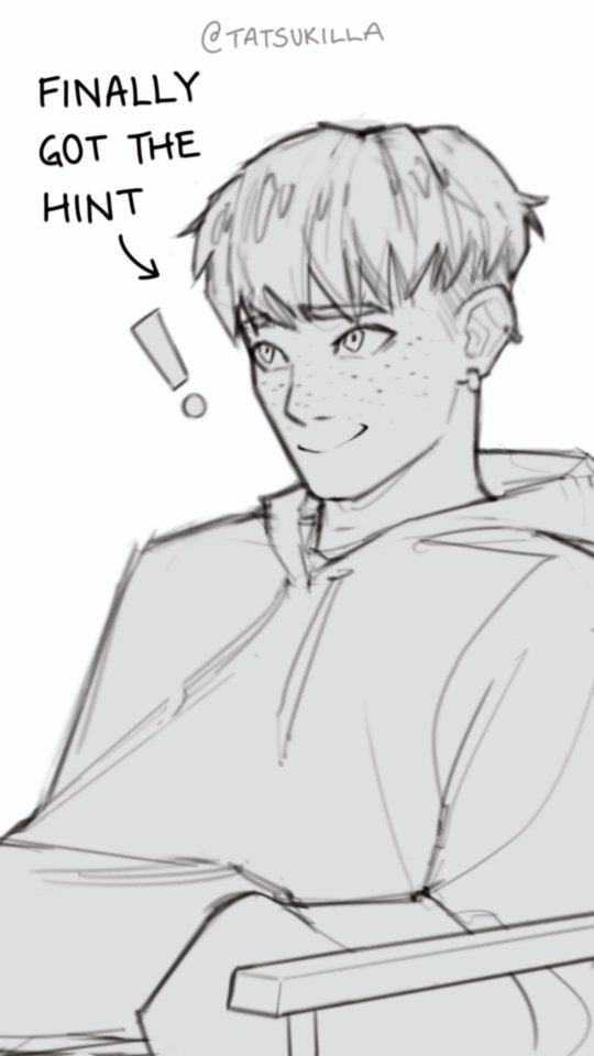 the image is a grayscale sketch or drawing, possibly fanart, depicting a young animestyle boy or teenager. he has lightcolored hair, freckles, and is wearing a hoodie. he's sitting in a chair and has a relaxed, slightly smiling expression.  a speech bubble above him says "finally got the hint" with an arrow pointing to him, suggesting he understands something that was previously unclear.  the style is light and casual, with loose lines and shading. the artist's handle "@tatsukilla" is included in the upper portion of the image.