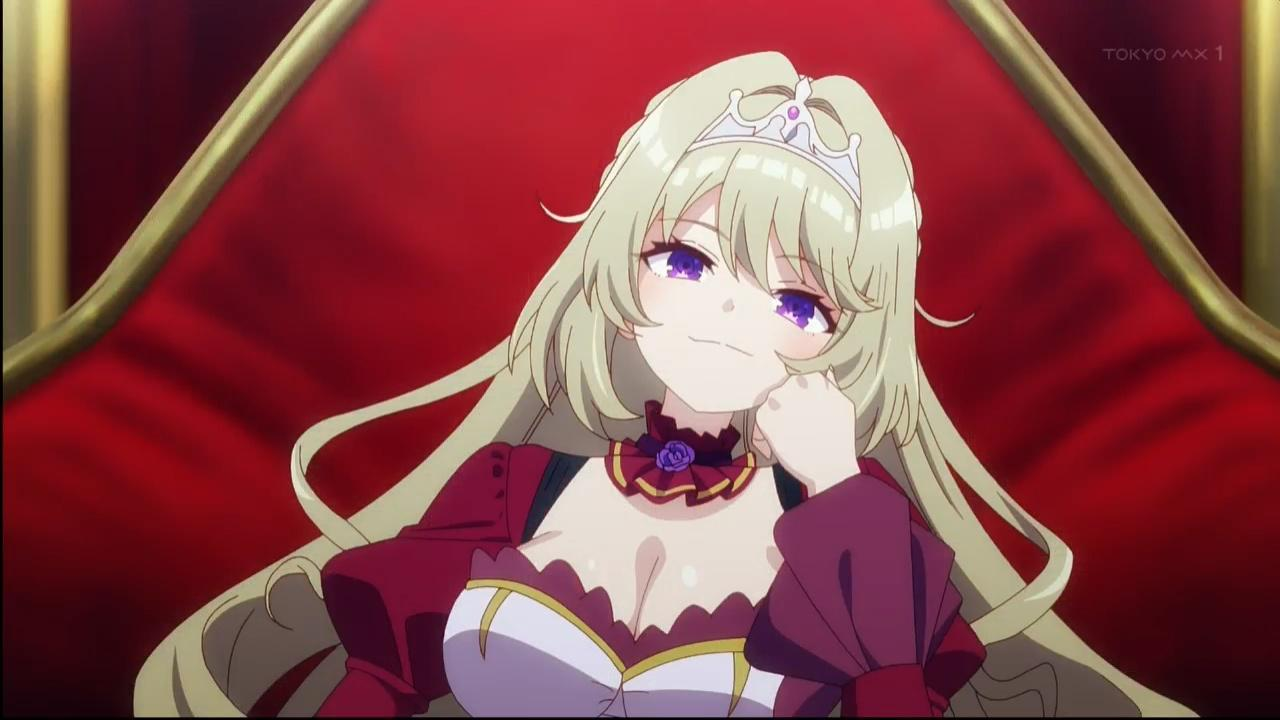 an anime princess with long blonde hair and purple eyes sits on a red throne. she is wearing a red and white dress, a tiara, and has a smug expression on her face.