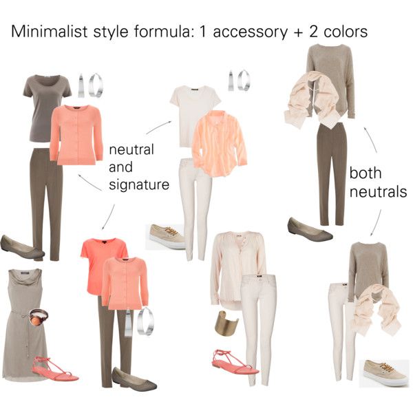 the image showcases a minimalist style formula: 1 accessory + 2 colors. it features various outfit combinations with a focus on neutral and signature colors, accessorized with jewelry, scarves, and different shoe styles. the image highlights how to create multiple looks using a limited number of items and adhering to the minimalist principle of simplicity.
