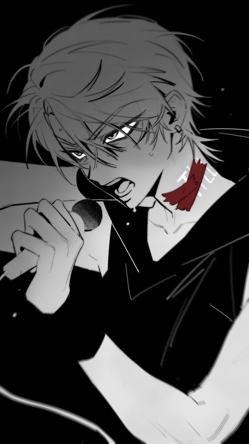 this is an anime illustration of a young male character, his face in a fierce expression, his mouth open as if he's screaming or yelling into a microphone that he's holding in his hand. his eyes are wide with intensity, and his hair is tousled in a slightly messy style. he is wearing a dark, buttondown shirt with a red ribbon tied around his collar. the background is a simple black, allowing the character to stand out as the focal point. the illustration is drawn in a black and white style, with varying shades of grey to add depth and detail. overall, the image conveys a powerful and emotional moment, perhaps a performer giving their all on stage.