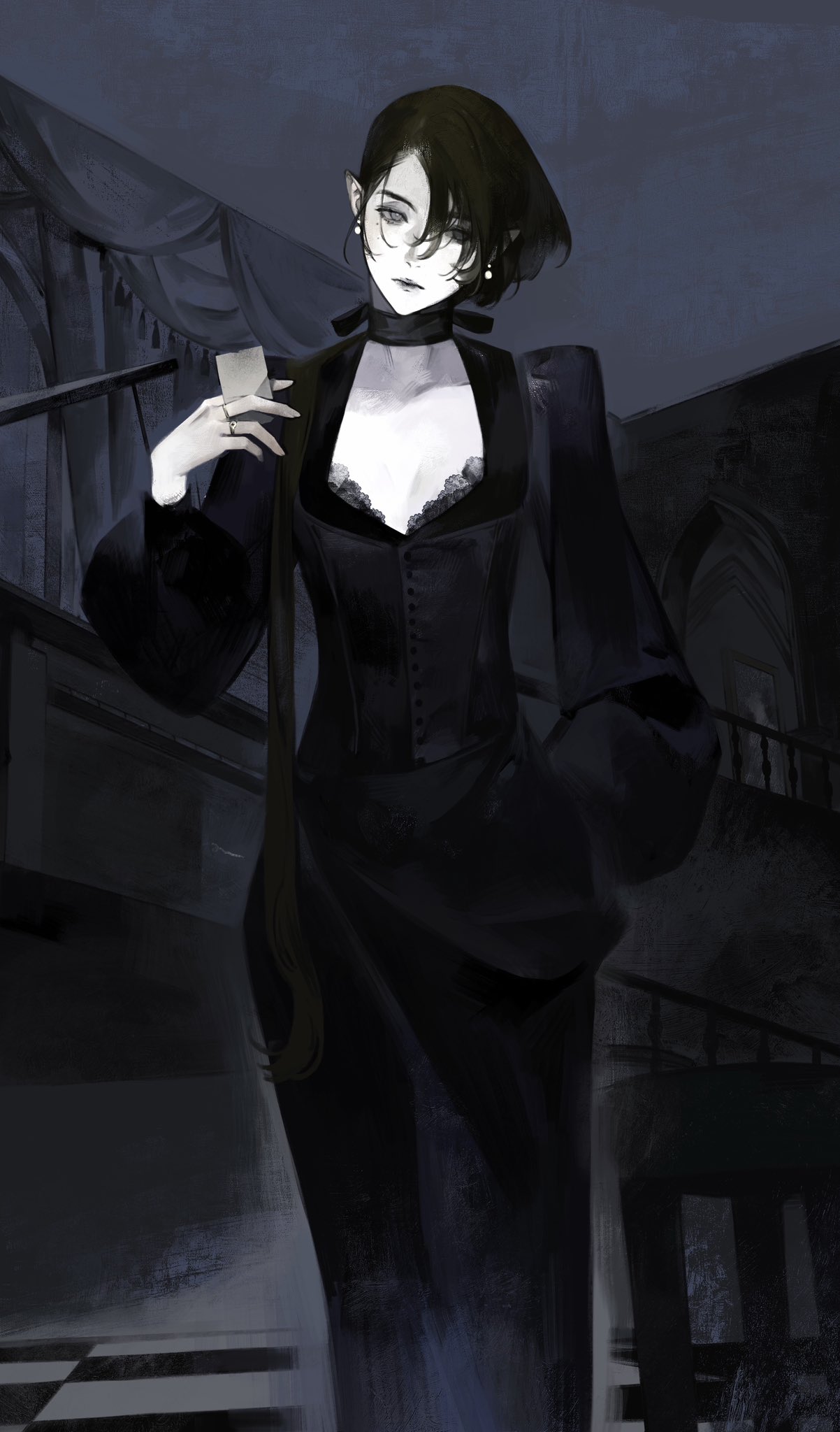 a dark portrait of a beautiful anime girl with dark, short hair dressed in a long black dress, holding a white card.  she is looking directly at the camera with a mysterious expression. the background is dark and blurry, creating a sense of mystery and intrigue.
