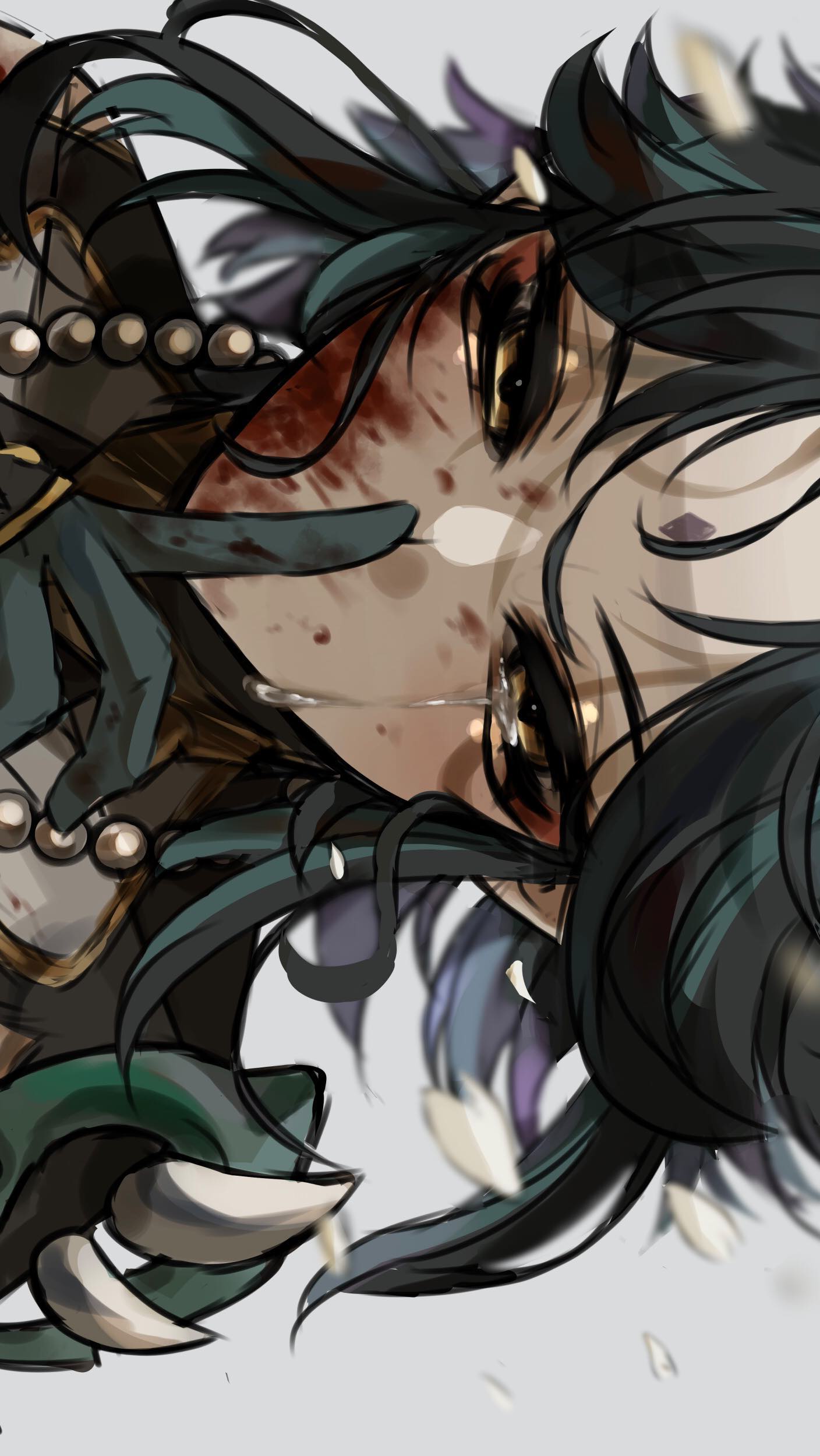 the image is a closeup digital drawing of an animestyle female character. she has dark teal hair, and is covered in blood and tears, suggesting she's injured and distressed.  her expression is one of intense pain and despair. her clothing is detailed and ornate with pearls and what appear to be clawlike or sharp elements.  the background is a simple grey, drawing focus to the character's emotional state. the overall style leans towards dark fantasy or gothic aesthetic.  white petals are scattered around her, adding to the melancholic mood.