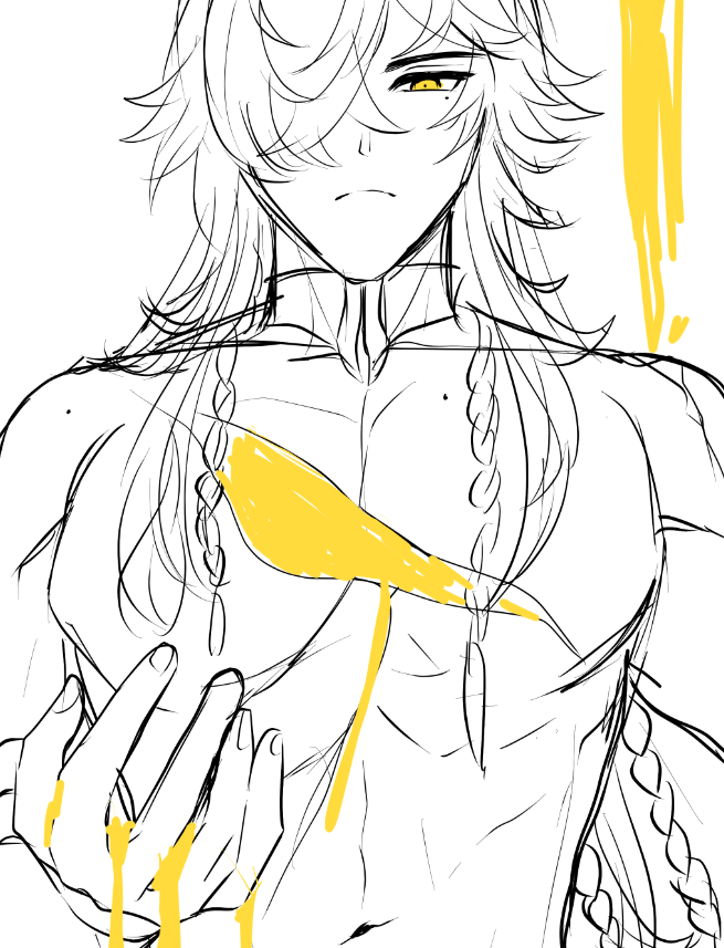 a drawing of an anime character, a young man,  with white hair and yellow eyes.  he is  wearing an open shirt, the opening revealing the upper part of his chest. yellow fluid is pouring out of a wound on his chest, dripping down.  he is looking at the viewer.  the drawing has a sketchy quality to it.