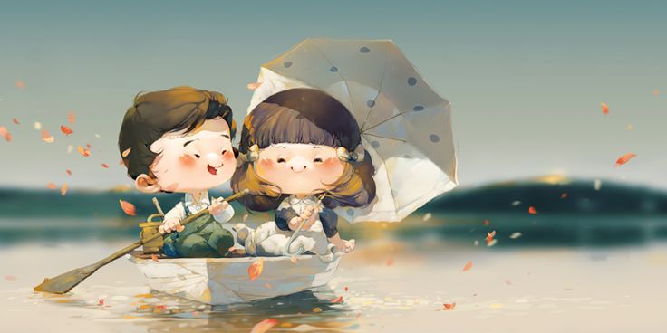 the image is a cartoonstyle illustration of a couple in a boat on a calm river or lake. the characters are drawn with oversized heads and adorable expressions. the boy is rowing the boat with a wooden paddle, and the girl is holding a white umbrella with light blue polka dots. autumn leaves are scattered around them, both floating on the water and falling from above. the background shows a blurry landscape of trees and a distant shoreline under a soft, muted sky. the overall mood is romantic and peaceful.