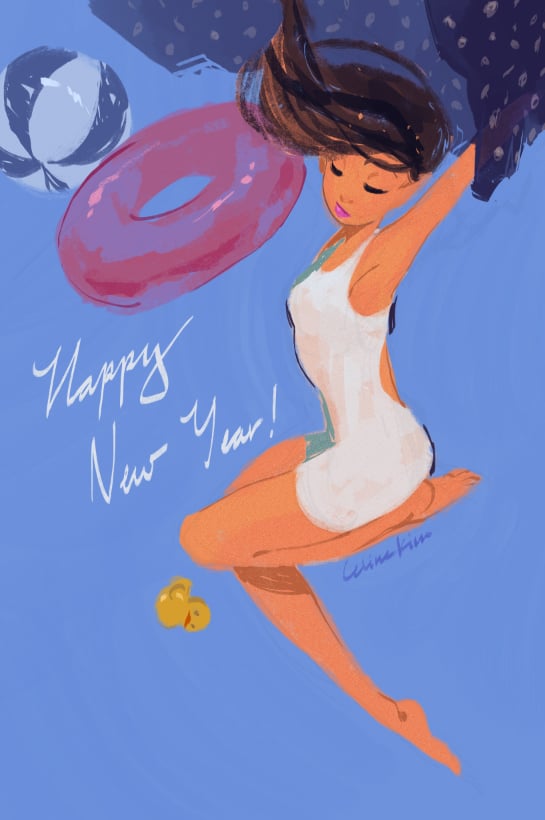 an illustration wishing "happy new year!" depicts a woman in a white swimsuit, surrounded by a beach ball, inner tube, and rubber ducky against a blue background.