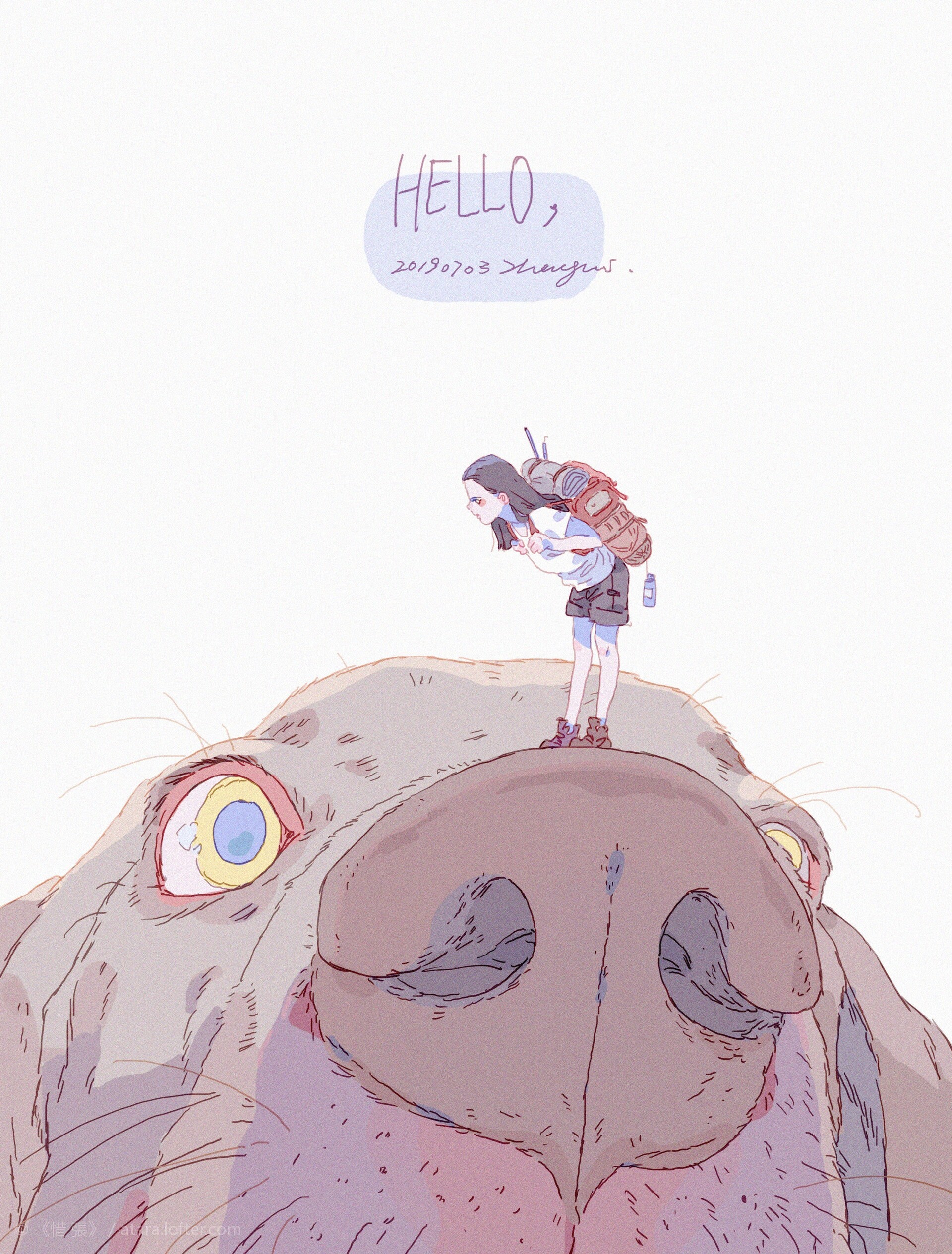 a cartoon illustration of a girl with a backpack greeting a giant dog with a large nose. the girl is small in comparison to the dog. the text "hello, 2019/03> stranger." is in the top left corner. the girl is wearing a blue shirt and blue shorts.  the dog is light brown with a pink nose. it is a whimsical illustration of a friendly encounter between a girl and a giant dog.