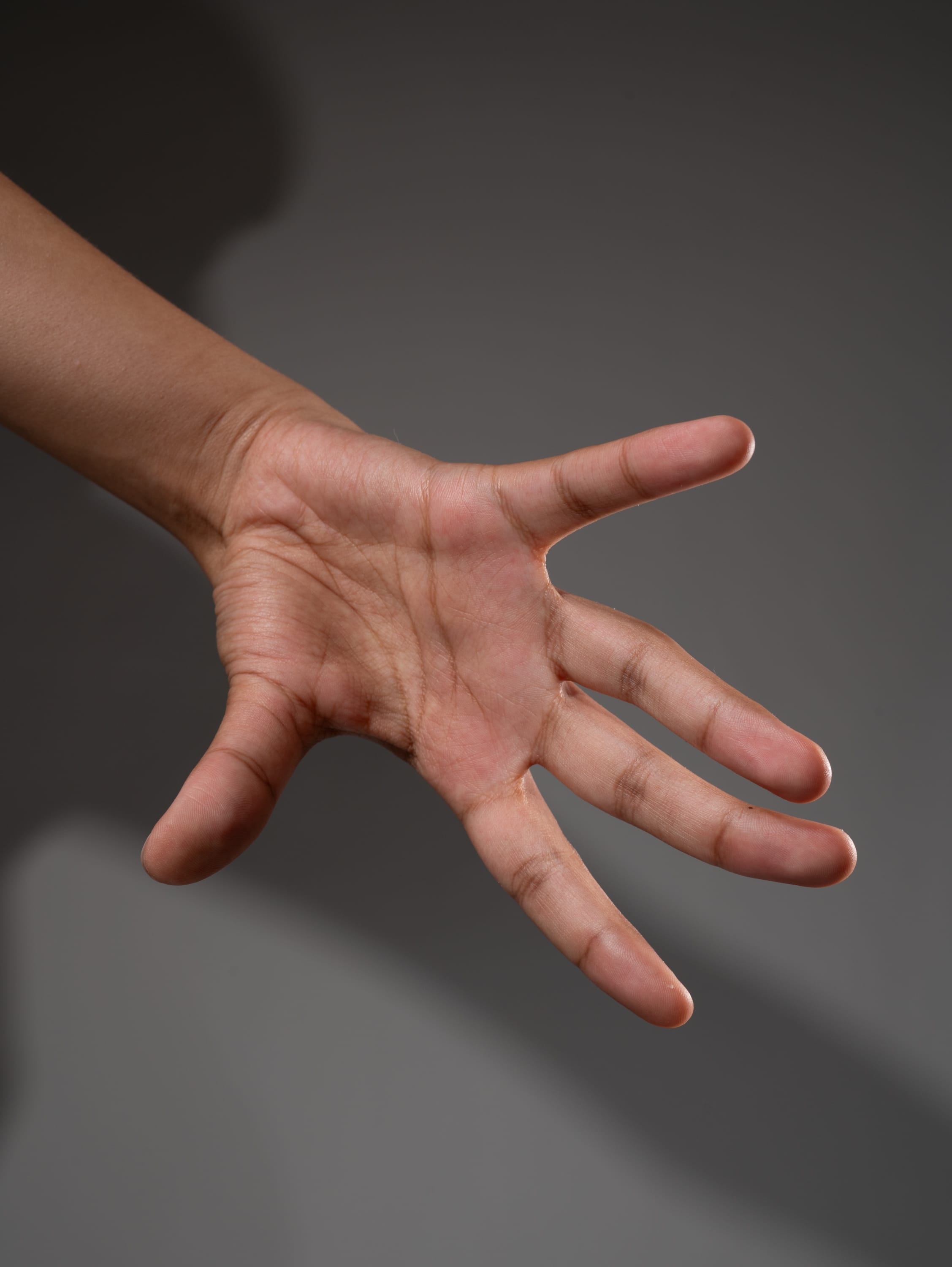 the image shows a person's open hand extended towards the viewer, with fingers spread apart. the hand has a warm, brown skin tone, and the palm and fingers are visible. the background is a plain gray, which creates a neutral and minimalist feel. the studio lighting casts subtle shadows, adding depth to the image.