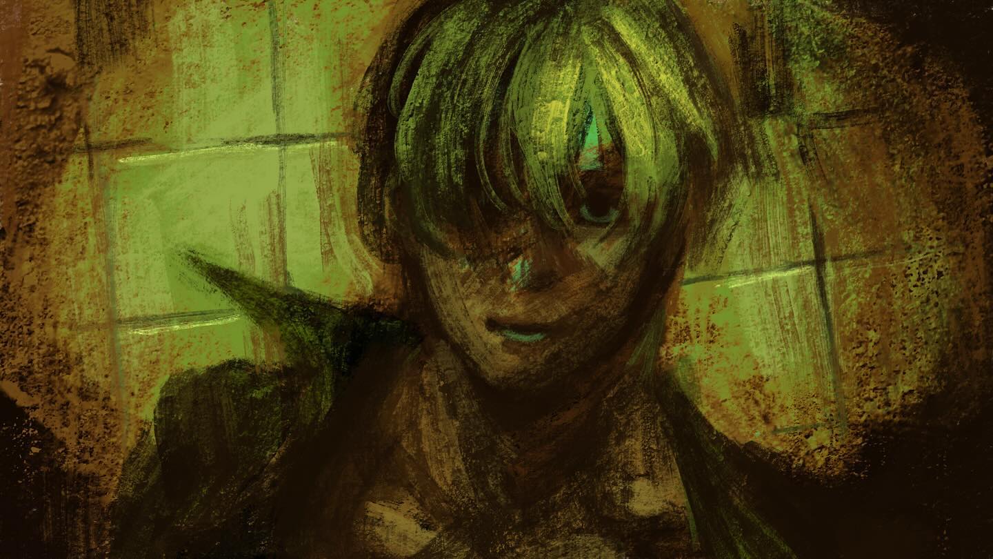 the image is a digital painting or drawing that depicts a closeup portrait of a young man with green hair. the style is dark, moody, and mysterious, with a strong emphasis on texture and abstract expressionism. the background is a textured, grungelike surface that resembles a tiled wall, which is painted in shades of green and brown. the man's face is partially obscured by his hair and shadows, adding to the enigmatic quality of the portrait. the colors are predominantly dark greens and browns, with hints of teal or turquoise in the eyes and around the mouth, which creates a striking contrast. the overall effect is a visually striking and evocative piece that leaves much to the viewer's imagination.