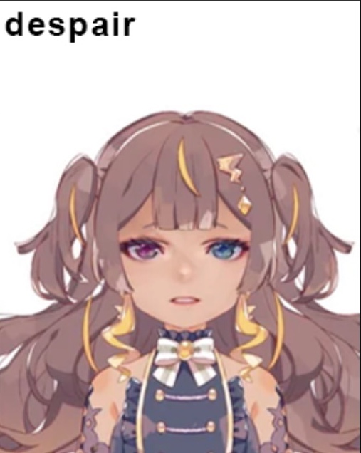 a closeup illustration of an animestyle girl with a neutral expression. the word "despair" is written above her head. she has long, brown hair styled with two pigtails and distinct, multicolored eyes. she wears an elaborate dress shirt with a bow tie.