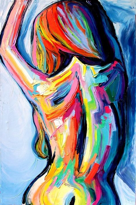 the image is an abstract oil painting of a woman. the woman is depicted in a gestural and dynamic style, with her body and hair rendered in vibrant and energetic brushstrokes of various colors. the background is a solid blue, which adds a sense of contrast and depth to the painting. the painting is overall a bold and expressive work that captures the dynamism and energy of the human form.