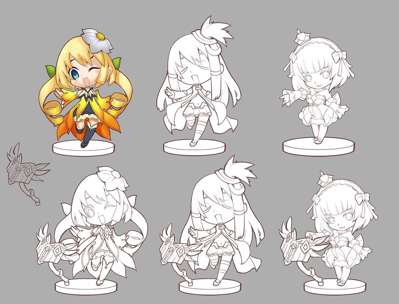 the image displays six iterations of a  character design for what appears to be a magical girl in a chibi art style. the character has long blonde hair with a daisy, large eyes, and wears a frilly dress with detached sleeves and thighhigh socks. three of the iterations are fully colored while three are line art in varying stages of completion. the bottom row showcases the character with a magical staff that has a floral and crystal design.  the character is posed on a small circular base, suggesting a potential figurine design.