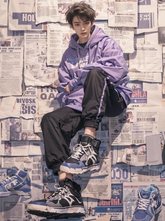 a young asian man poses in a studio setting, seated against a backdrop of collaged newspapers. he is styled in a purple nike hoodie, black nylon track pants, and trendy sneakers with a chunky sole. he stares directly at the camera with a neutral expression.  the lighting is soft and evenly diffused, creating a clean and polished aesthetic.  the image showcases a trendy street style aesthetic, emphasizing casual sportswear and statement sneakers.