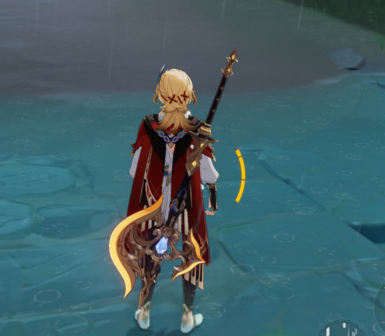 this is a still image from the video game genshin impact. the image features a character in the game.  the character is a male with blonde hair. he is wearing a red and white outfit. he is holding a large sword with a gold handle and a large gold blade. he is standing in a blue pool of water that appears to be raining.