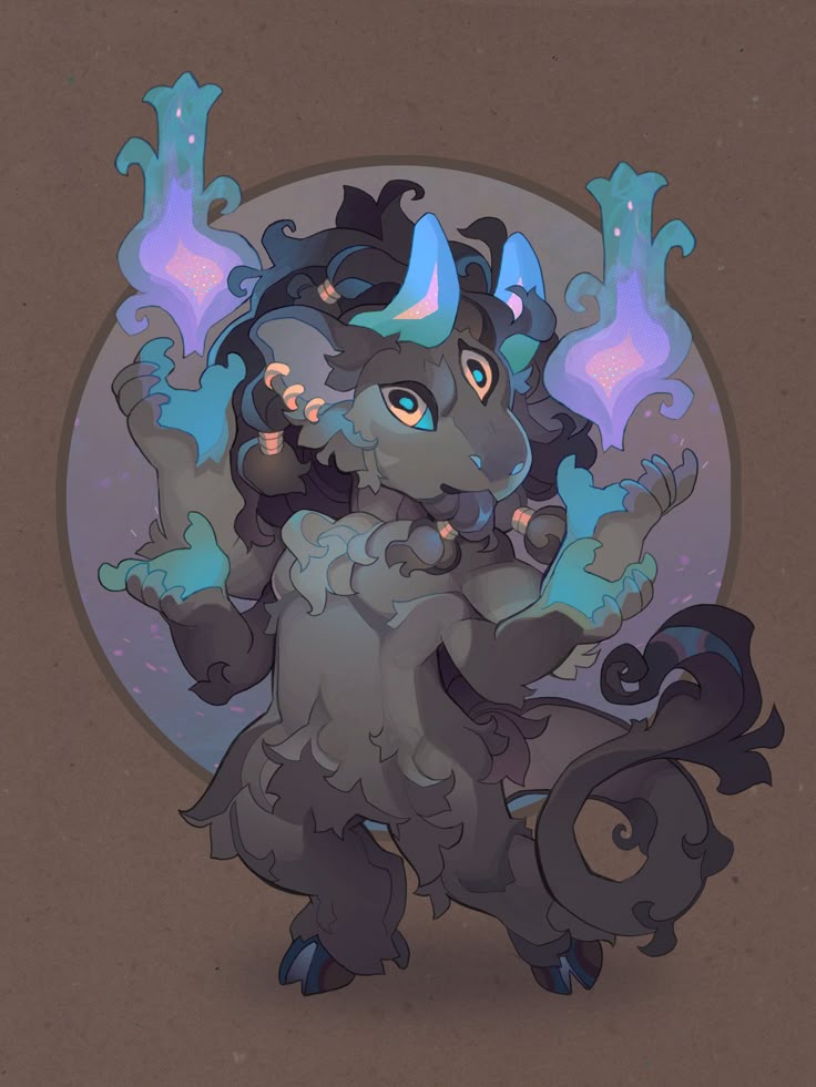 an illustration depicts a whimsical, fourlegged creature with features reminiscent of a fantasy monster. the creature has gray fur, blue horns, and a stylized, curly tail. it is surrounded by magical, glowing elements in shades of blue and purple, positioned near its outstretched hands. the creature's large, expressive eyes and cartoonish style add to the lighthearted and fantastical nature of the image. the background is a soft, muted color with a subtle circular gradient behind the creature.