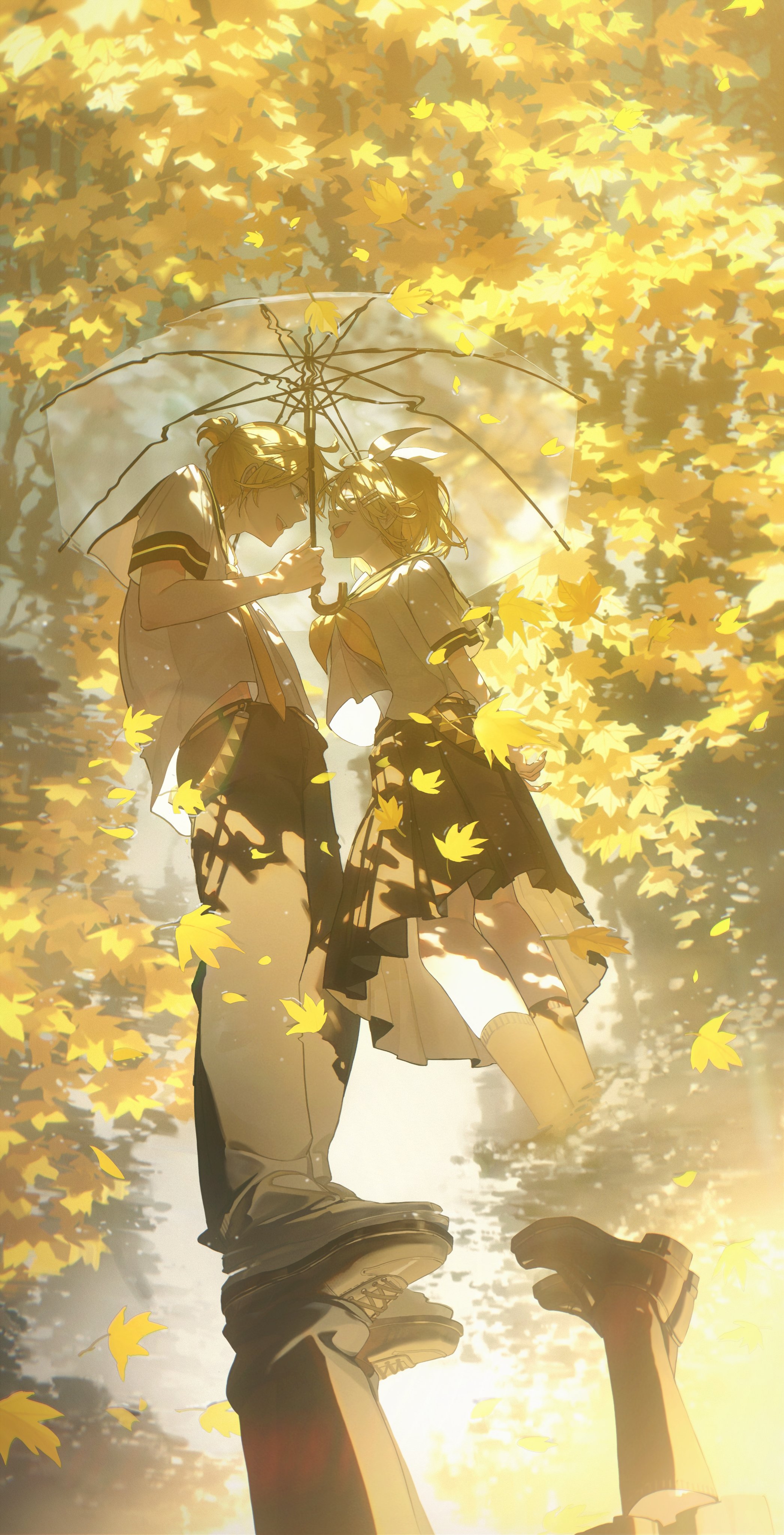 the image captures a tender moment between a couple sharing a kiss under a transparent umbrella amidst a shower of golden autumn leaves. bathed in warm, sunny backlighting, the scene is viewed from a low angle, emphasizing the height of the trees and creating a sense of intimacy. the couple's pose and the falling leaves add a sense of dynamism and romance. the overall palette is dominated by warm yellows and browns, evoking the colors of autumn.