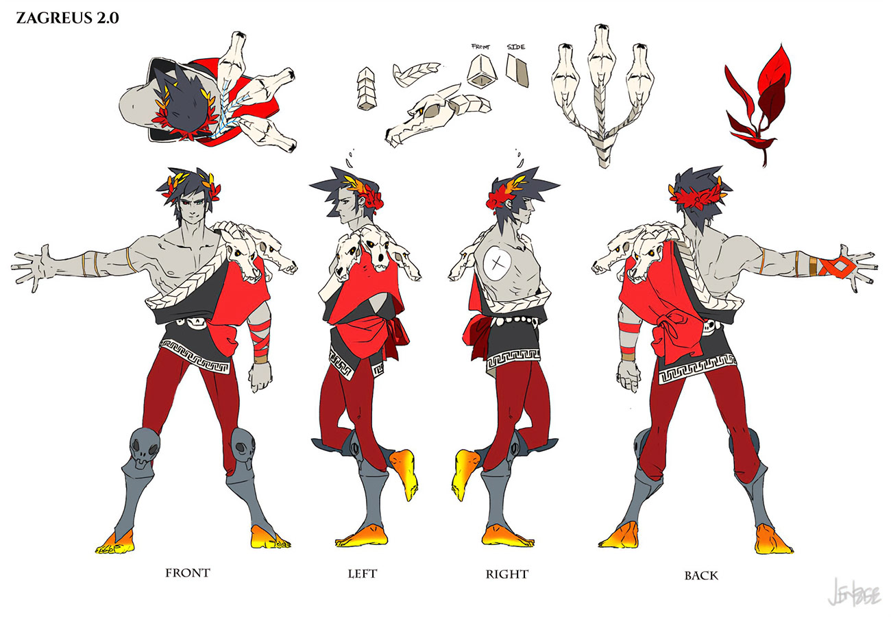 this is a character design illustration of zagreus from the video game hades. the image shows zagreus from different angles: front, back, left, and right. each view showcases his detailed design, including his red and black clothing, skulladorned armor, and his fierce expression. it's a comprehensive design sheet for the character. the image also includes various details of his weapons and items, providing a complete visual representation of zagreus in the game.