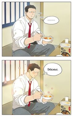 the image shows a twopanel comic of a man enjoying a meal. he is sitting at a table and eating from a bowl. in the first panel, he is shown taking a bite of food, and the sound effect "nom nom" indicates that he is enjoying it. in the second panel, he has a content expression on his face and the word "delicious" is written in a speech bubble above his head. the setting appears to be a simple room, and the warm lighting suggests a cozy atmosphere.