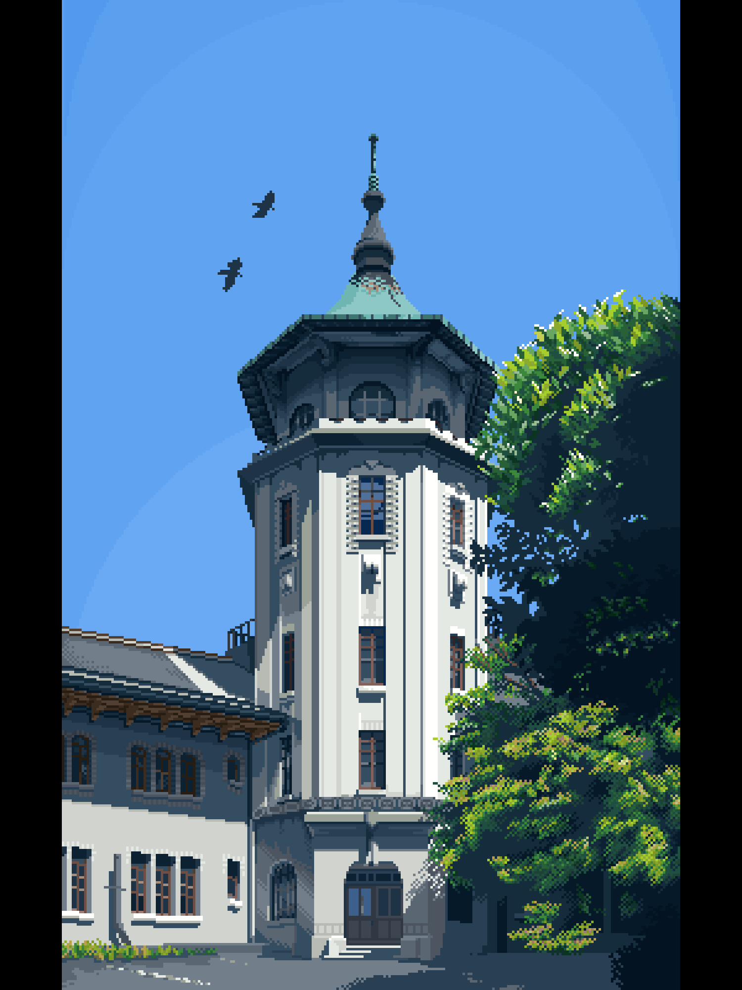 the image is a vibrant pixel art illustration depicting a white octagonal tower with a green roof. the tower is part of a larger building complex. lush green trees partially obscure the right side of the building.  two small, dark birds are visible in the clear blue sky above. the architectural style suggests a european influence, with details such as ornate window frames and a prominent entrance visible. the overall style evokes a retro or vintage aesthetic through its pixelated nature and clear color palette. the scene is bathed in bright sunlight, suggesting a summer day.
