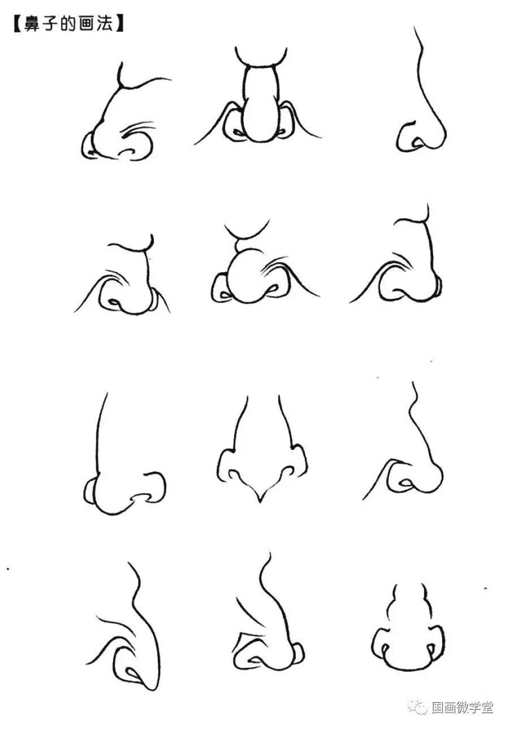 the image displays a collection of line drawings illustrating how to draw noses from various angles. the sketches demonstrate different nose shapes and orientations, providing a visual guide for artists learning to draw noses. there are front and side views, showing the anatomical structure of the nose.