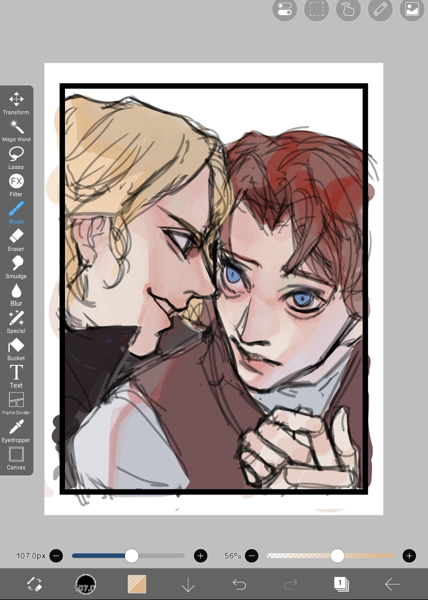 a digital drawing of a couple. the two young men are close together, their faces turned towards each other. the one on the left has blond hair, and the one on the right has dark brown hair. they are both blushing and smiling, and their hands are intertwined.  their eyes are drawn in a stylized, cartoonish style. the drawing is done in a soft, pastel color scheme.  the art style has similarities to anime or manga art.