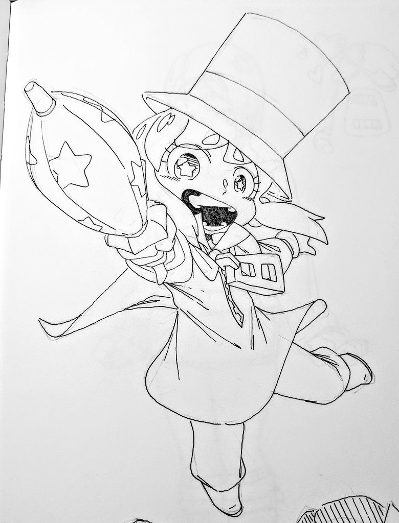 a black and white line art drawing of an anime girl in a dress and top hat, holding a starshaped cannon. the girl's hat is tipped down on her head, and she is smiling, as if she is about to fire the cannon. the drawing is on a piece of white paper, and the lines are thin and precise.