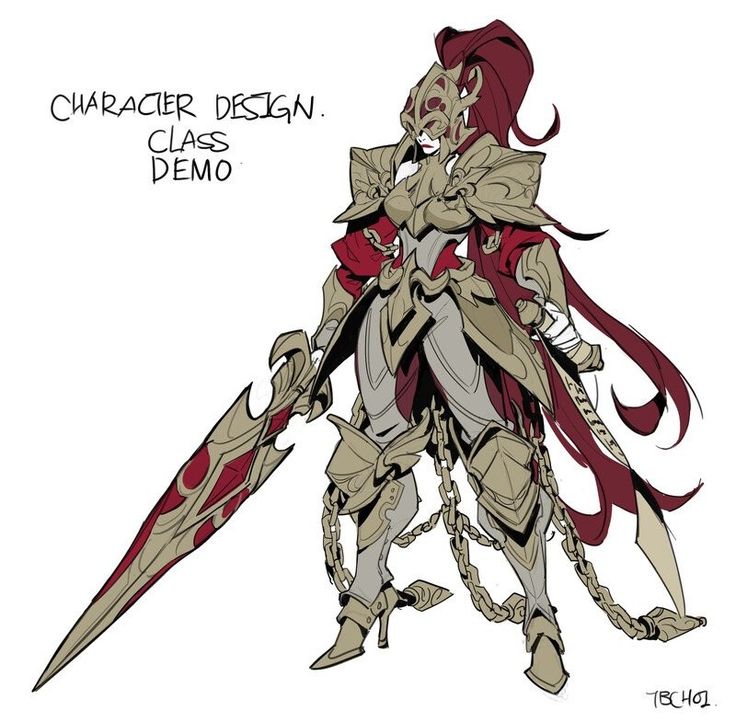 the image showcases a character design concept, labeled "character design: class demo."  it depicts a female warrior clad in ornate, goldcolored armor with accents of deep red. her long, flowing red hair contrasts beautifully with the metallic tones of her armor. she wields a large, intricately designed greatsword.  chains adorn her armor, adding to the visual complexity. the art style is stylized and polished, suggesting a concept piece for a video game or similar project. the overall feel is one of elegance and power, emphasizing the character's strength and grace.