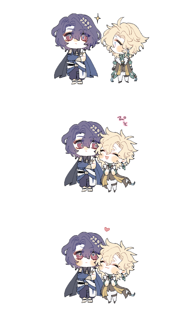 the image contains three panels showcasing chibistyle illustrations of two animeesque boys. each panel depicts the characters in slightly different poses and interactions. the first panel shows them standing side by side, seemingly observing each other.  the second panel shows them in a closer, more intimate embrace or hug, with one boy appearing to lean against the other, suggesting affection.  the third panel shows a similar pose to the second but with more direct physical contact, possibly implying romantic feelings. the art style is soft and light, using pastel colors and simple linework.  small details like flowers in the hair and clothing styles give each character a unique and potentially fantasybased aesthetic.