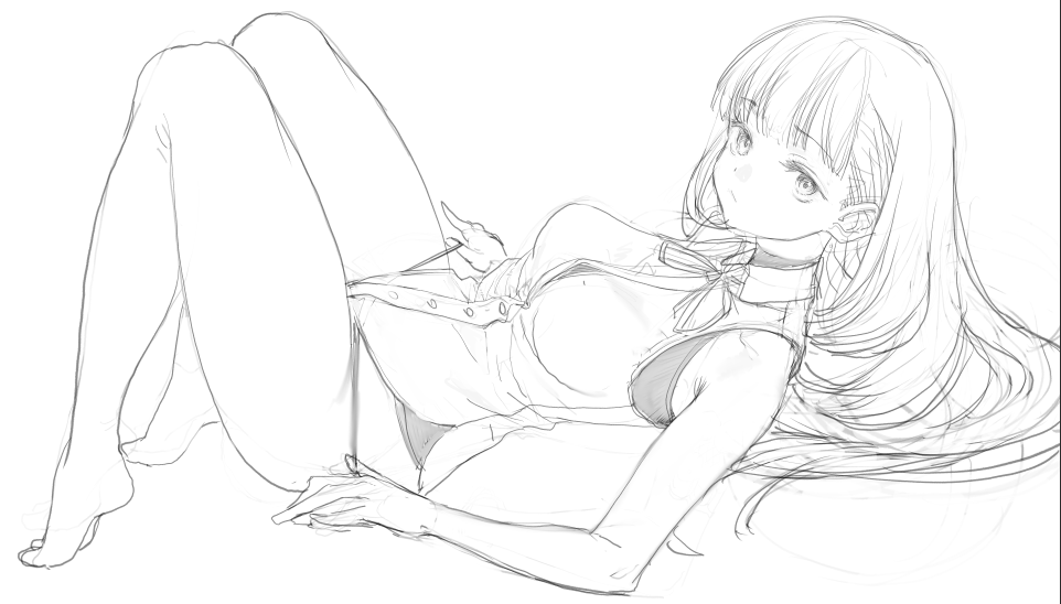the image is a pencil sketch of an animestyle girl lying on her side.  her legs are bent, and she's wearing a loosefitting shirt that's partially undone, revealing some skin. her long hair is spread out around her. the style is suggestive and slightly sensual due to the pose and clothing. the sketch is done in light pencil strokes with varying line weights, giving it a loose and expressive feel. the overall tone is soft and delicate.