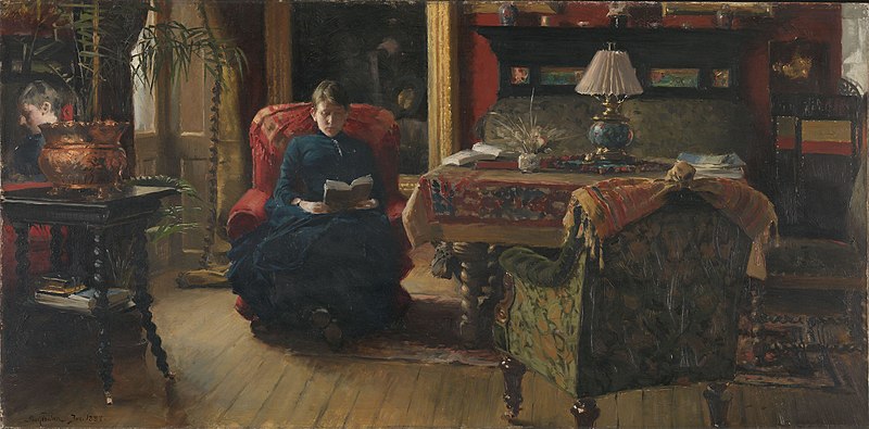 the image is a painting depicting an interior scene. a woman is seated in a red armchair, reading a book. beside her is a table with a lamp and some books on it. there is a green sofa in the background. a potted plant sits on a stand to the left, and there are paintings on the wall. the scene is set in a room with wooden floors.