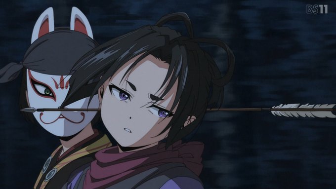 the image shows two characters from an anime. the first character is a woman with short dark hair and purple eyes. she is wearing a purple and white shirt and has a black scarf around her neck. the second character is a woman with long black hair. she is wearing a white mask with a red design on it. she is wearing a black and yellow kimono. there is an arrow going through the image, from the left to the right. the background of the image is dark.