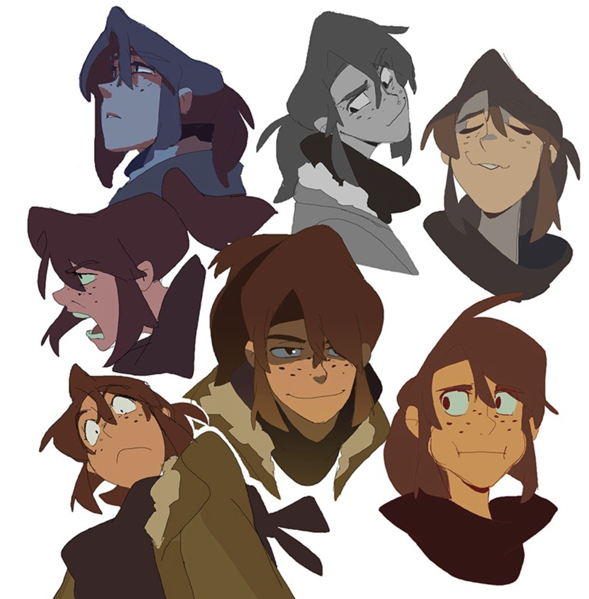 this is a digital illustration of eight cartoon characters. all of them are female and have brown hair. they are drawn in a cartoon style, with bold colors and expressive faces. each character has a different facial expression, showcasing a range of emotions from smiling to frowning. the artwork is created digitally and appears to be designed for a graphic novel or comic.