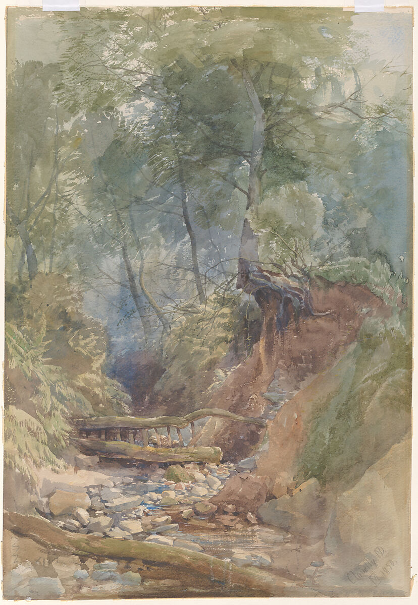 the image is a watercolor painting depicting a landscape scene with a stream flowing through a ravine. a rustic wooden bridge spans the stream, and the banks are lined with trees, rocks, and dense foliage. the scene is set in a forest or wooded area, with a sense of wilderness and natural beauty. the painting captures a serene and rustic countryside environment.