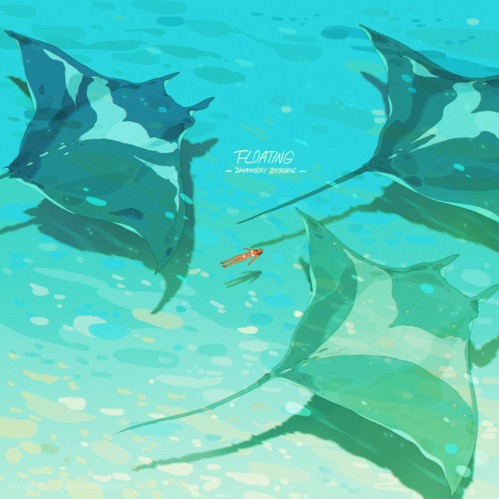 an illustration of three manta rays swimming in a clear blue ocean. the rays are large and graceful, with their fins spread out like wings. the water is turquoise and the sky is a bright blue. the image is peaceful and serene.