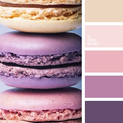 the image features a stack of three macarons in pastel colors, accompanied by a corresponding color palette. the macarons are stacked on top of each other, showcasing their round shape and delicate texture. the colors of the macarons include beige, purple, and pink. next to the macarons is a color palette with matching shades, labeled "in color balance."