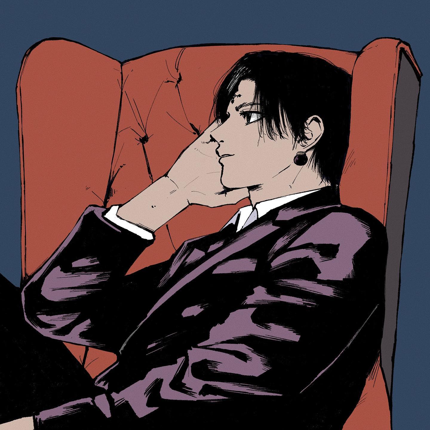 the image is a stylized digital fanart piece depicting illumi zoldyck from the anime and manga series hunter x hunter. he's portrayed as a sophisticated young man, sitting relaxed in a plush red armchair. he is wearing a dark purple suit, and his hand rests thoughtfully on his face. the art style is a blend of bold lines, textured shading, and a somewhat muted color palette which gives it a dark and mysterious vibe. the background is a plain dark blue. the overall impression is one of quiet confidence and intrigue.