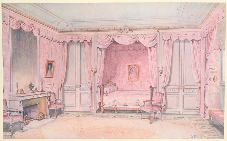 an illustration of a lavishly decorated bedroom dominated by pink hues. the room features a canopied bed with pink curtains, flanked by white paneled doors. the walls are covered in pink patterned wallpaper, and framed paintings adorn them. furniture includes chairs and a fireplace with decorative items. a rug covers the floor, and the ceiling is ornate with moldings and details. the overall style suggests an antique or vintage aesthetic, rendered in watercolor with pastel colors.