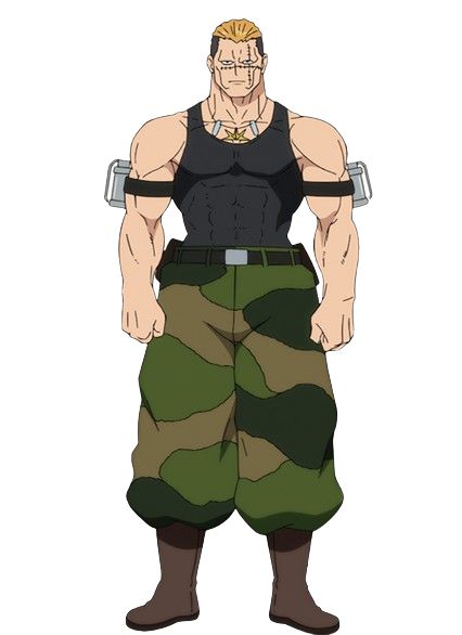 this is an image of a muscular male anime character wearing a black tank top and camo pants. he is standing with his arms crossed, staring ahead.  his hair is blonde and he has several scars on his face. he appears to be stern and serious.
