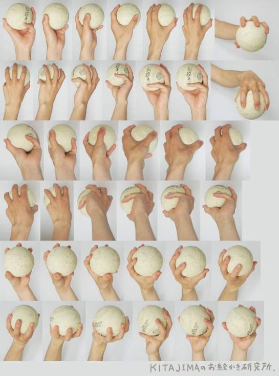 the image showcases a collection of photographs featuring a variety of hand poses while holding a ball. the poses capture different grips, angles, and perspectives, providing a comprehensive reference for artists.  the backdrop is consistently white, and the soft lighting minimizes shadows, ensuring clarity and focus on the hand positions.