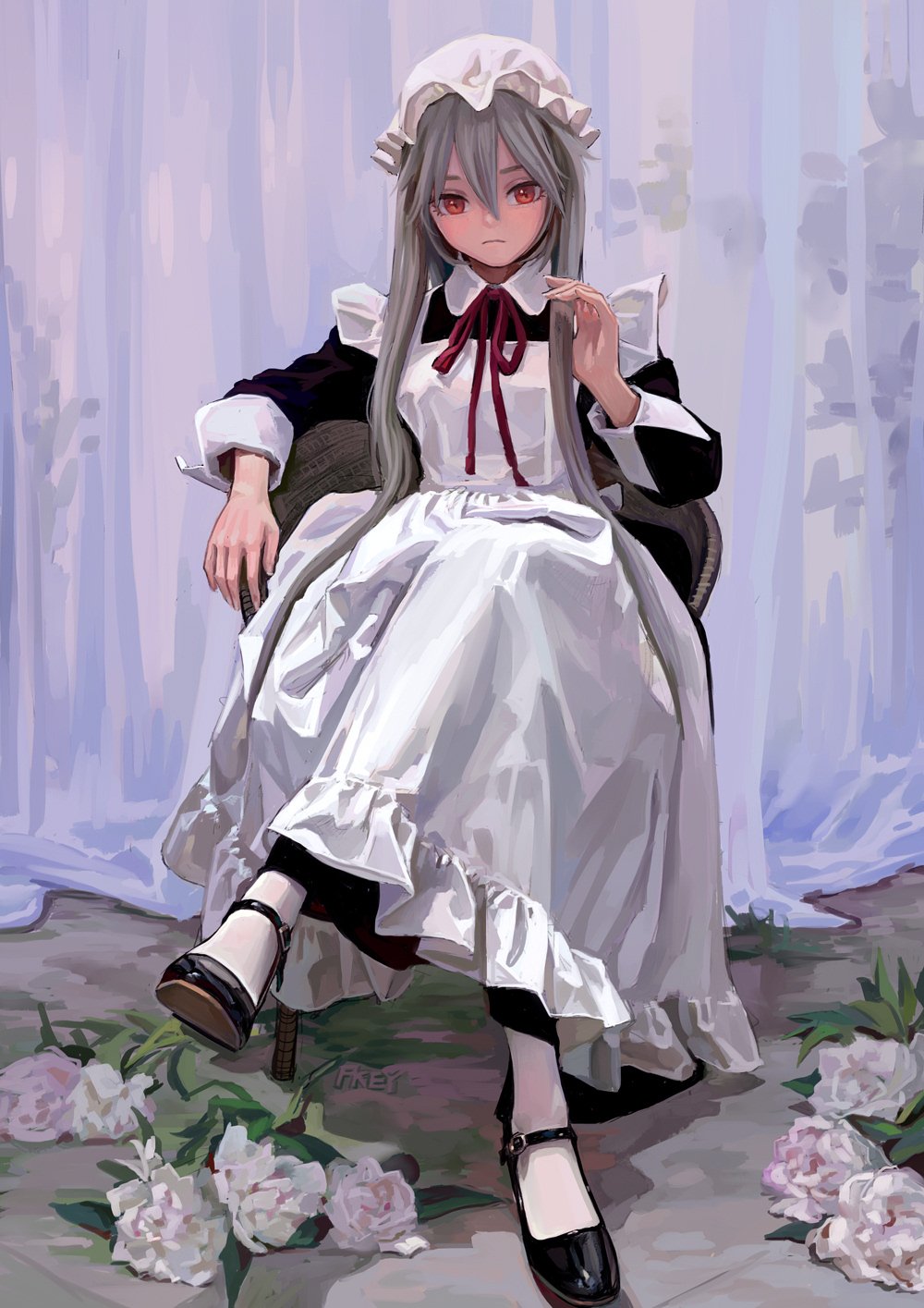 an anime girl with grey hair and red eyes sits in a chair. she is wearing a white and black maid dress with ruffles and a red ribbon. she also has black shoes and white socks. the background is a white curtain and the floor is covered in white flowers. the image is a digital painting.